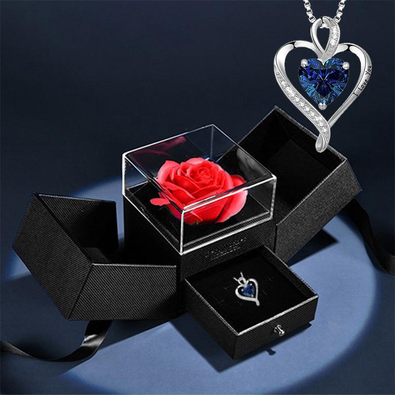 Preserved Real Rose Gift with Red Diamont Necklace