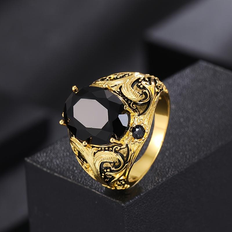 Vintage Black Oval Rhinestone Ring – Retro Gold Finish