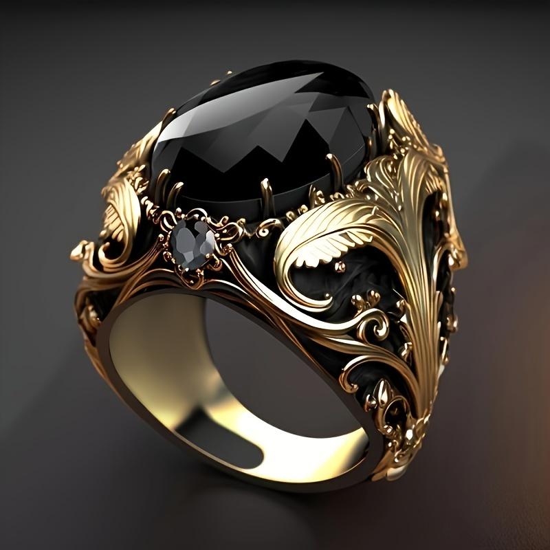 Vintage Black Oval Rhinestone Ring – Retro Gold Finish
