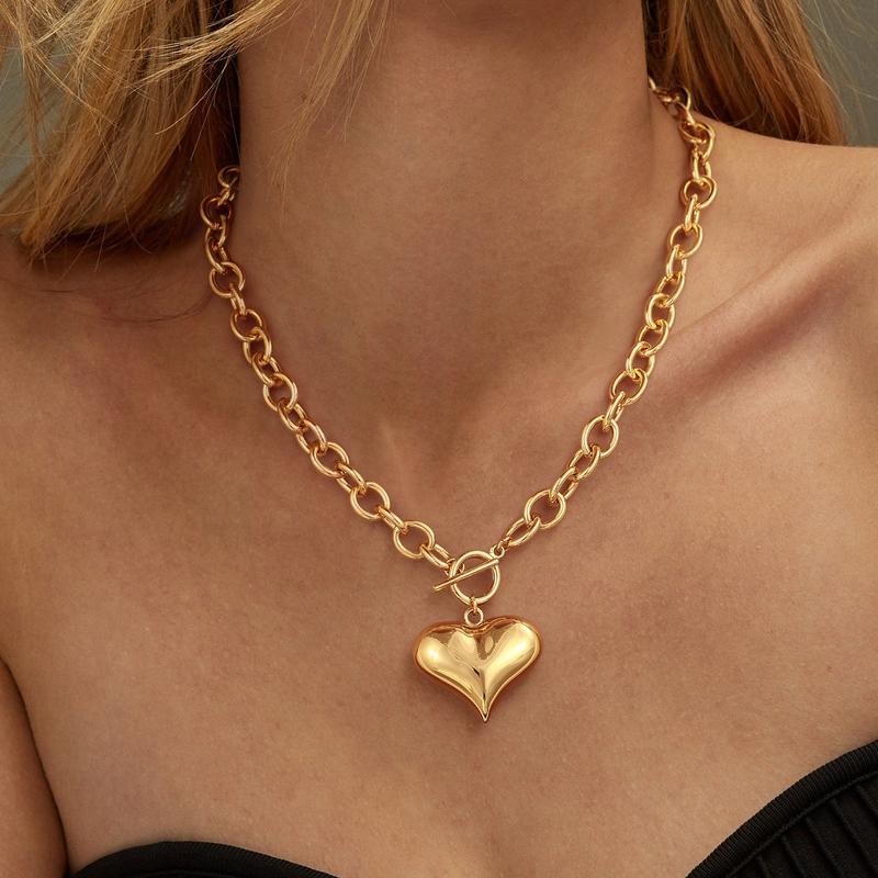 Gold 9mm Large O-Chain Polished Heart Pendant Necklace