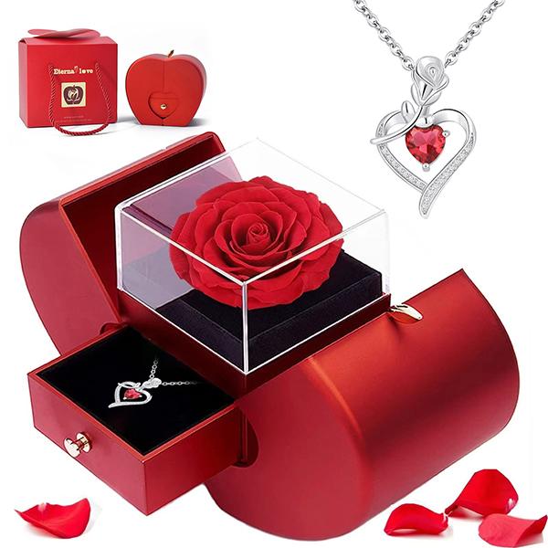 Preserved Real Rose Gift with Red Diamont Necklace