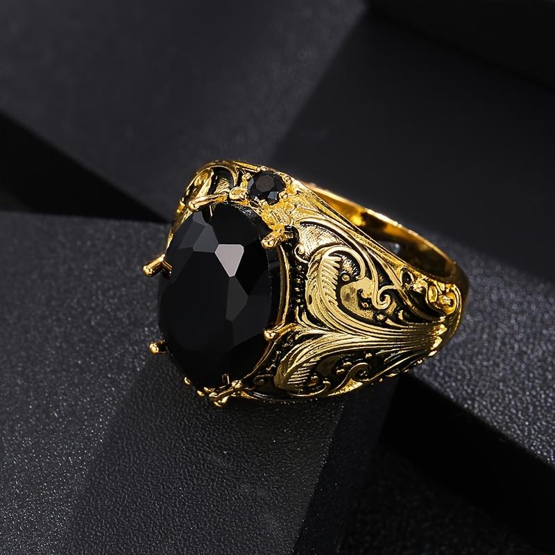 Vintage Black Oval Rhinestone Ring – Retro Gold Finish