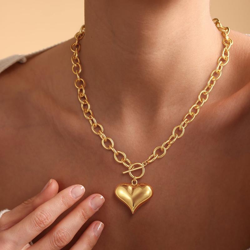 Gold 9mm Large O-Chain Polished Heart Pendant Necklace