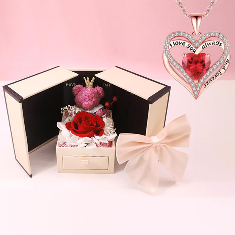 Preserved Real Rose Gift with Red Diamont Necklace
